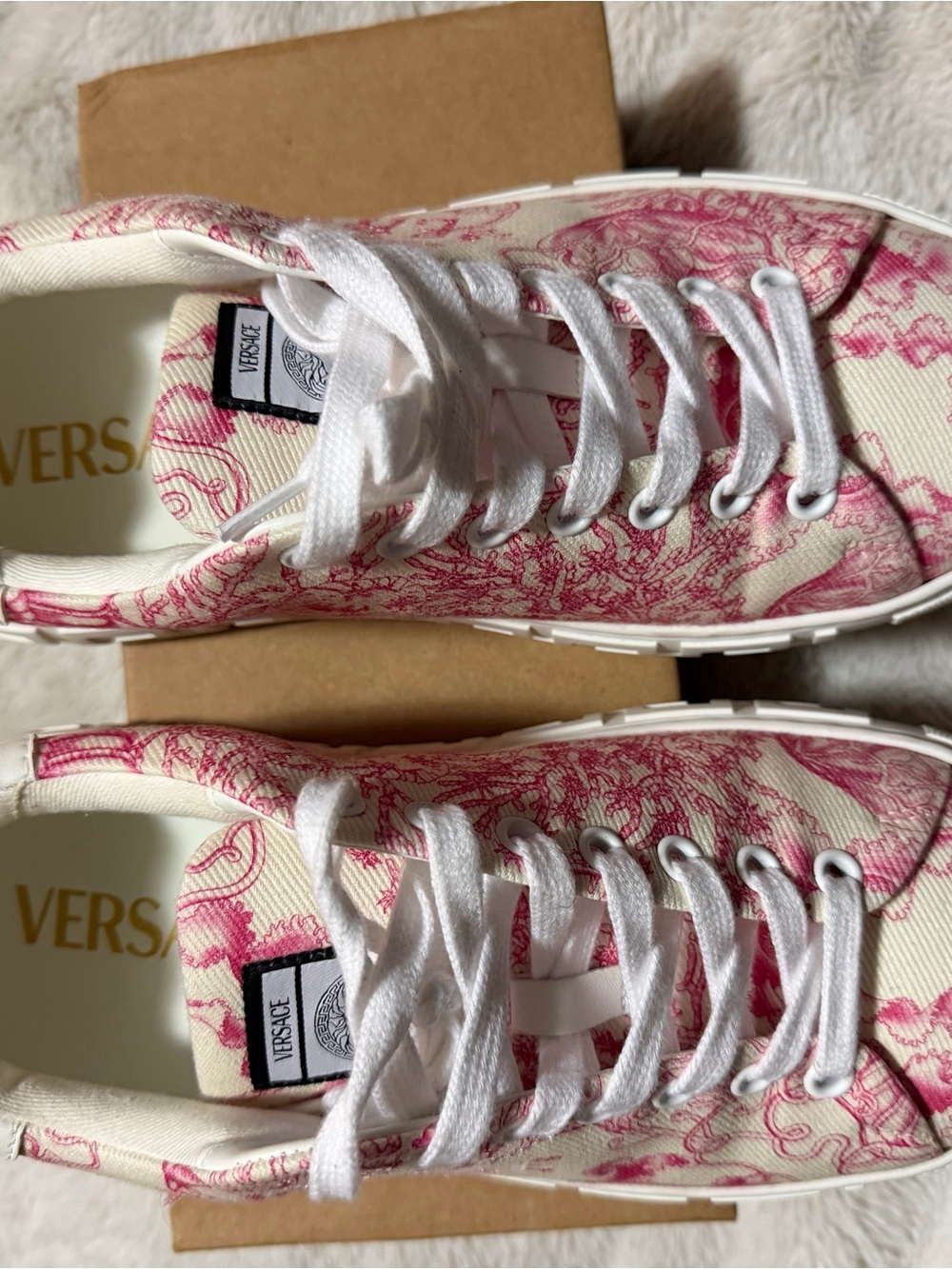 Versace Women’s Cream Canvas Sneakers with Pink Toile Print
